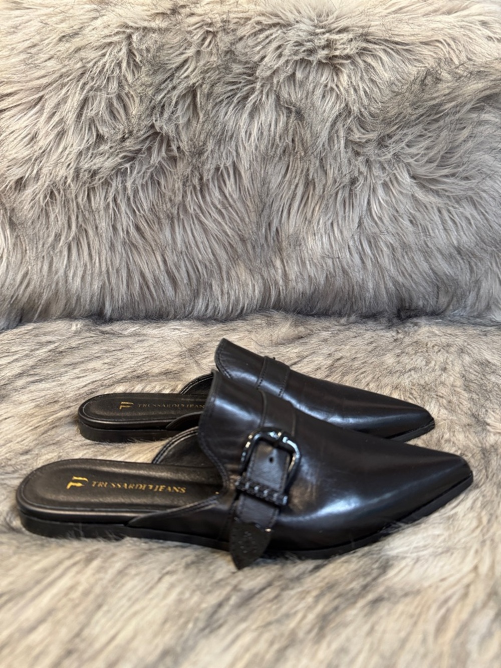 Trussardi Jeans Black Pointed Leather Mule with Buckle Accent Size 37